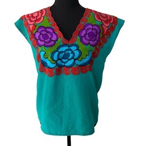 Womens Embroidered Floral Mexican Peasant Blouse Top Sz M Boho Festival Hippie